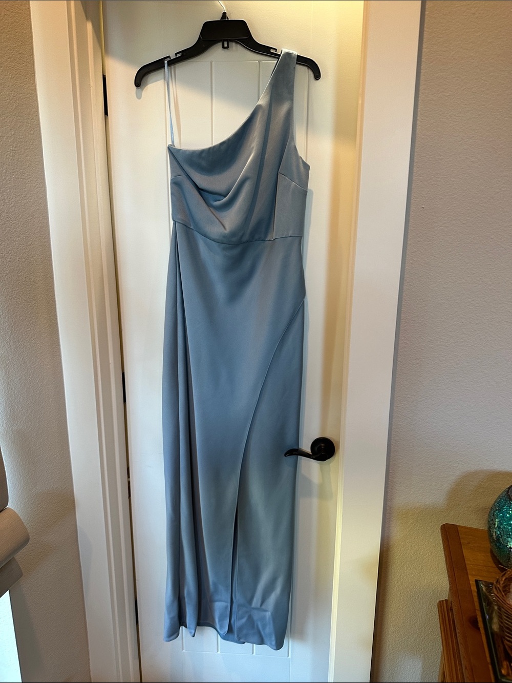 BHLDN One-Shoulder Satin Gown in Dusty Blue